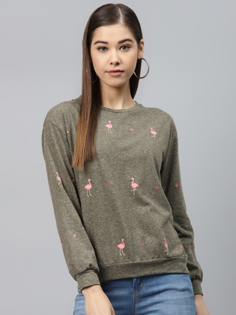 

SCOUP Women Olive Green & Pink Cotton Flamingo Print Round Neck T-shirt