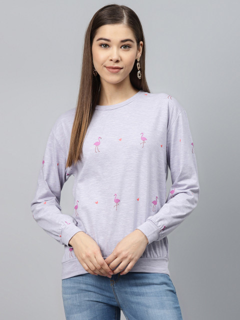 

SCOUP Women Lavender & Pink Cotton Flamingo Print Round Neck T-shirt
