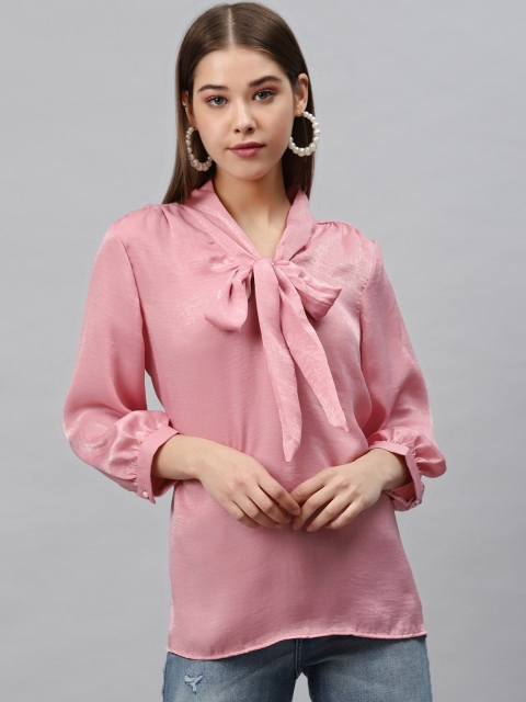 

ATRAENTA Women Pink Solid Sheen Tie-Up Neck Top