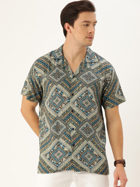 

Hancock Men Green & Blue Regular Fit Printed Casual Shirt