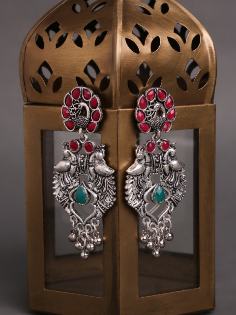 

OOMPH Green & Silver-Toned Oxidised Peacock Shaped Drop Earrings