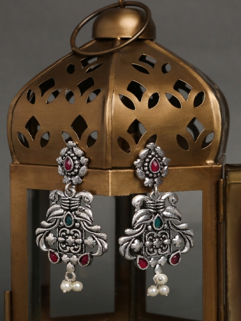 

OOMPH Silver-Toned & Green Peacock Shaped Drop Earrings