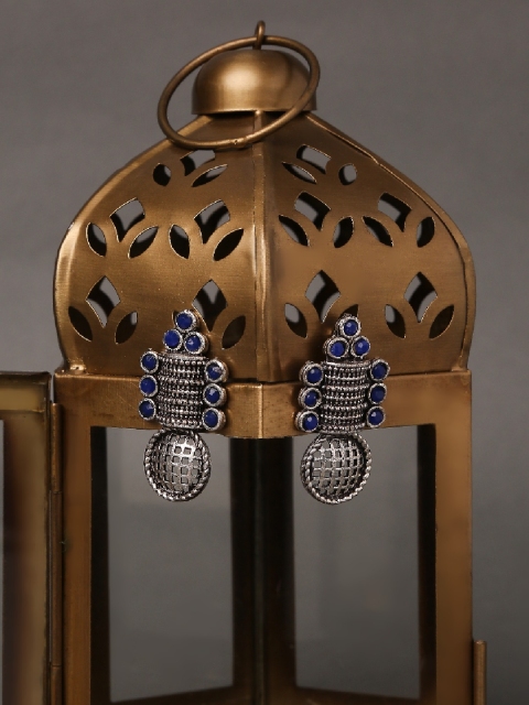 

OOMPH Silver-Toned & Blue German Oxidised Contemporary Drop Earrings