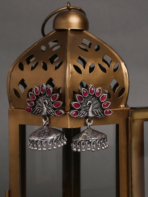 

OOMPH Silver-Toned & Maroon Peacock Shaped Jhumkas