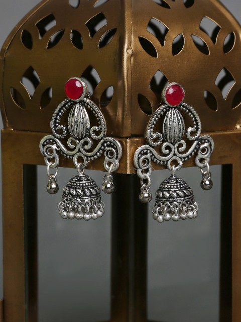 

OOMPH Silver-Plated & Maroon Dome Shaped Jhumkas