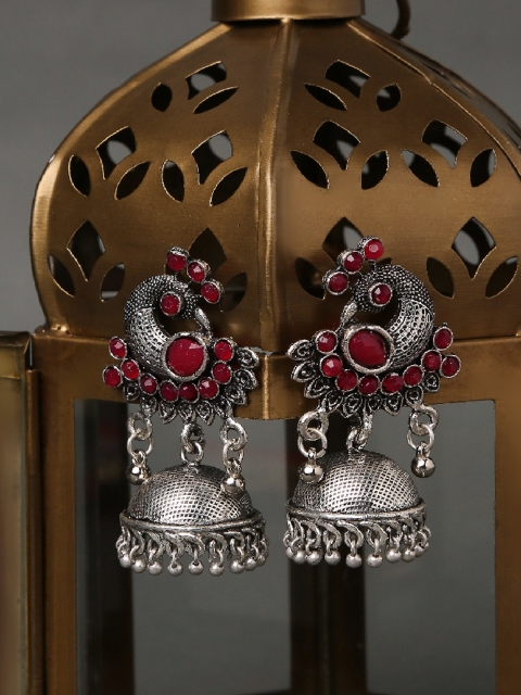 

OOMPH Silver-Toned & Maroon Oxidised German Silver Peacock Shaped Jhumkas