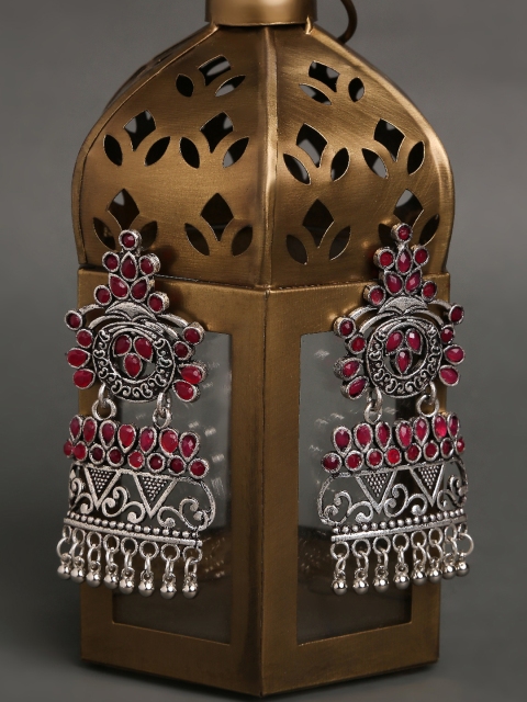 

OOMPH Silver-Toned & Maroon Classic Jhumkas