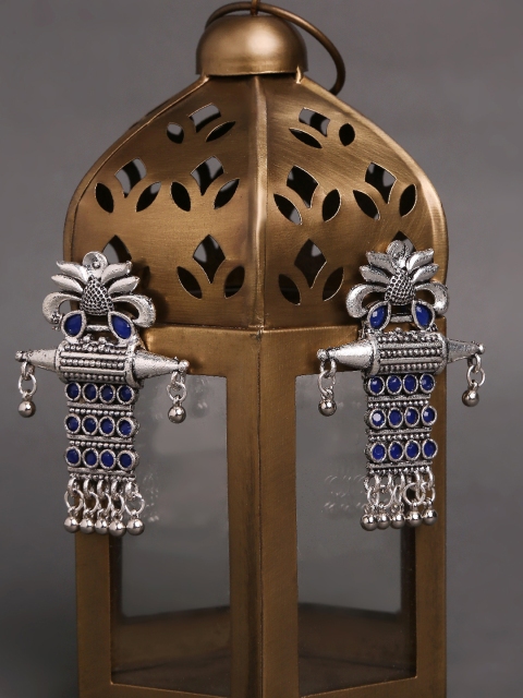 

OOMPH Navy Blue Silver-Plated German Oxidised Classic Drop Earrings
