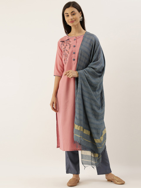 

CATCHY Women Pink & Grey Floral Embroidered Kurta with Trousers & Dupatta