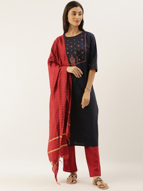 

CATCHY Women Navy Blue & Red Yoke Embroidered Kurta with Trousers & Dupatta