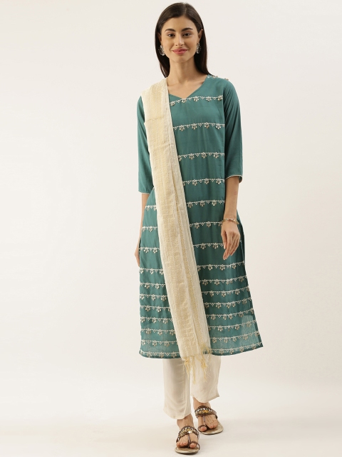 

CATCHY Women Teal Green & Cream-Coloured Zari Embroidered Kurta with Trousers & Dupatta