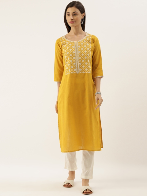 

CATCHY Women Mustard Yellow Embroidered Yoke Design Straight Kurta