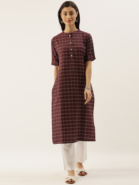 

CATCHY Women Maroon & White Checked Straight Cotton Handloom Kurta