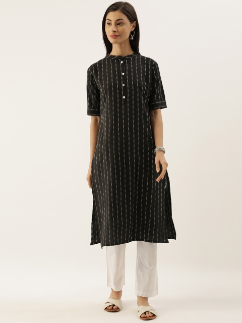 

CATCHY Women Black & White Striped Straight Cotton Handloom Kurta