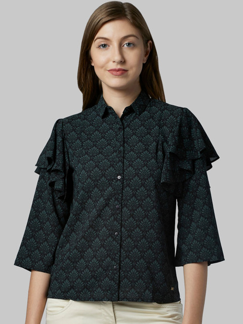 

Park Avenue Woman Black & Green Printed Shirt Style Top