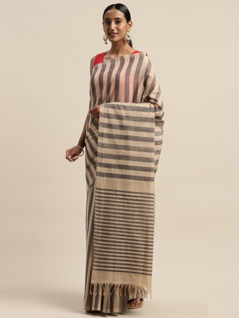 

APCO Beige & Navy Blue Pure Cotton Striped Narayan Peth Sustainable Saree