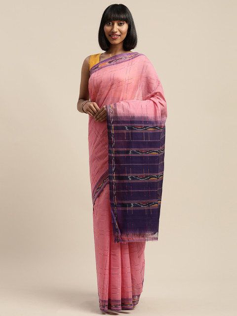 

APCO Pink & Navy Blue Pure Cotton Checked Sustainable Saree