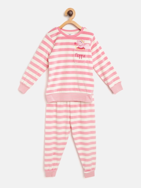 

Marks & Spencer Girls Pink & Off-White Striped Velour Night Suit with Pegga Pig Applique