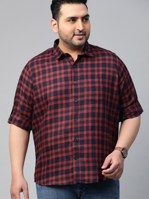 

DENNISON Men Rust Red & Navy Blue Pure Cotton Slim Fit Checked Casual Shirt