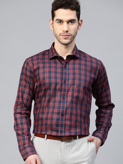 

DENNISON Men Navy Blue & Rust Red Slim Fit Checked Formal Shirt