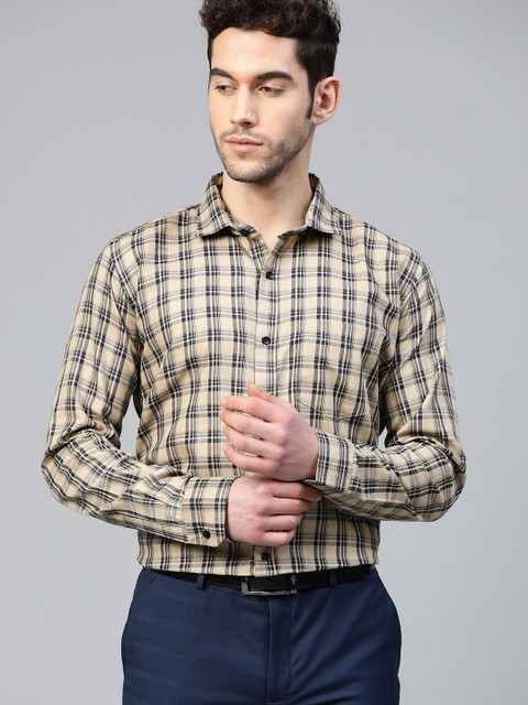

DENNISON Men Beige & Navy Blue Slim Fit Checked Formal Shirt