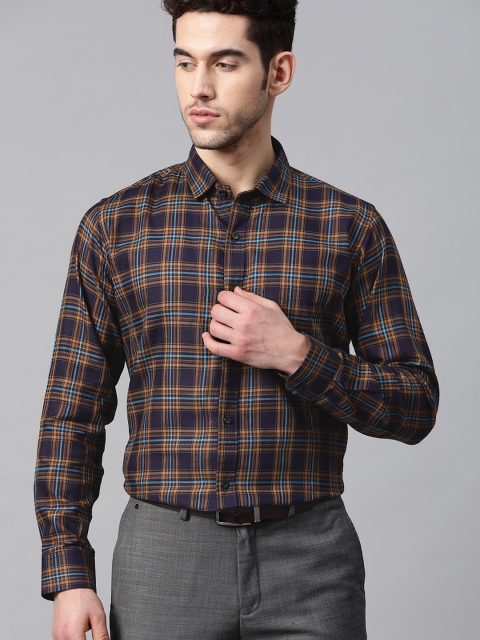 

DENNISON Men Burgundy & Mustard Yellow Smart Slim Fit Checked Formal Shirt