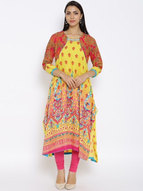 

Rangriti Women Yellow & Pink Floral Print A-Line Kurta