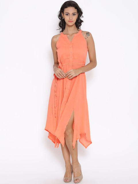 

Rain & Rainbow Coral Orange Crinkled Midi Dress