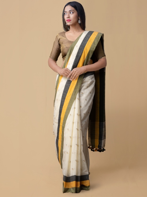 

Unnati Silks Off-White Printed Handloom Pure Linen Saree