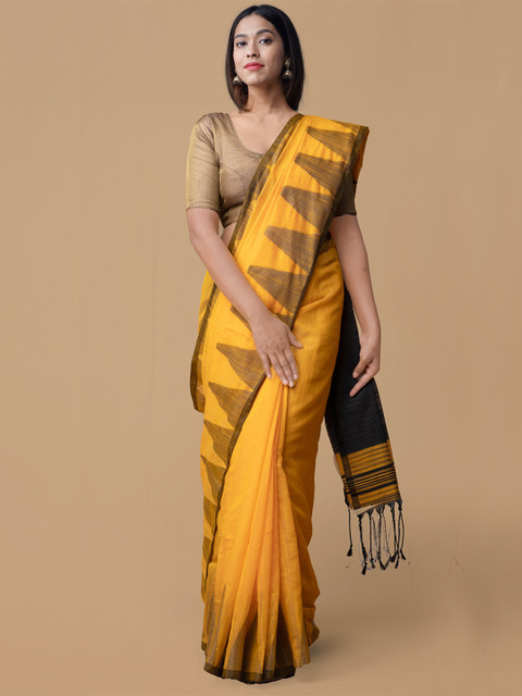 

Unnati Silks Mustard Yellow & Black Pure Linen Woven Design Handloom Saree
