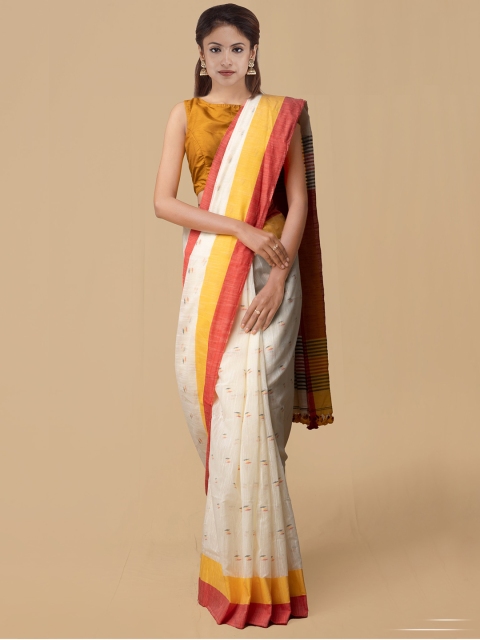 

Unnati Silks Cream-Coloured & Yellow Pure Linen Woven Design Saree