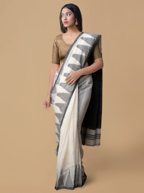 

Unnati Silks White & Black Pure Linen Handloom Solid Saree