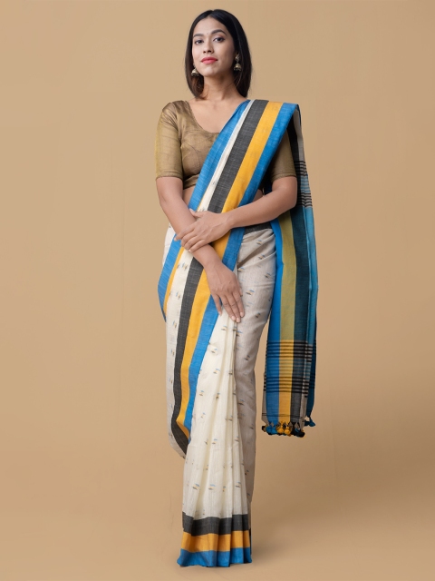 

Unnati Silks White & Blue Pure Linen Woven Design Saree