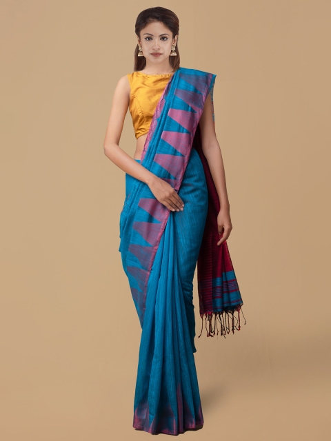 

Unnati Silks Blue & Red Pure Linen Solid Handloom Saree