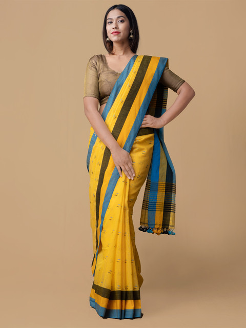 

Unnati Silks Yellow & Blue Handloom Pure Linen Striped Saree