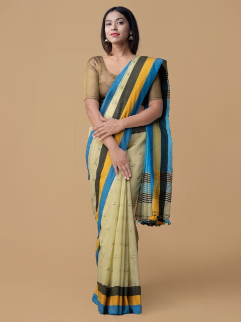 

Unnati Silks Green & Blue Pure Linen Printed Handloom Saree