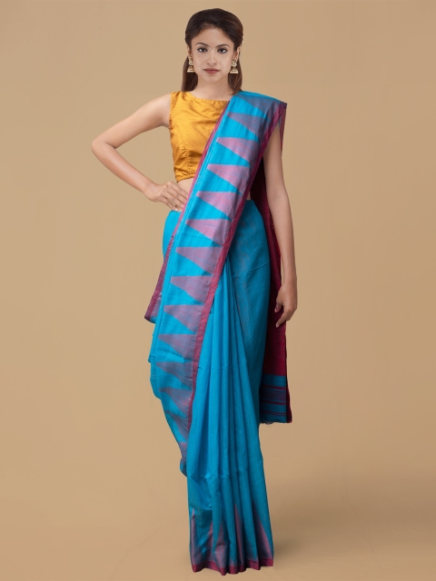 

Unnati Silks Blue & Maroon Pure Linen Woven Design Handloom Saree