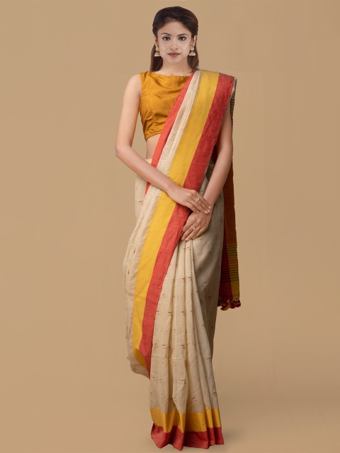 

Unnati Silks Cream-Coloured Colourblocked Pure Linen Saree
