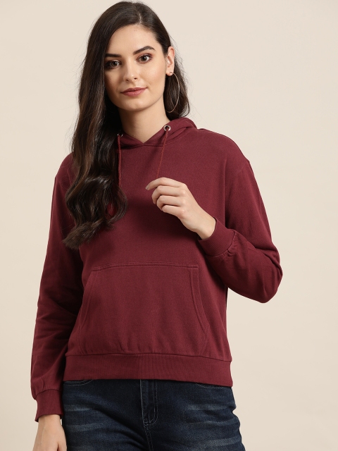 

20Dresses Women Maroon Cotton Solid Hooded Sweatshirt