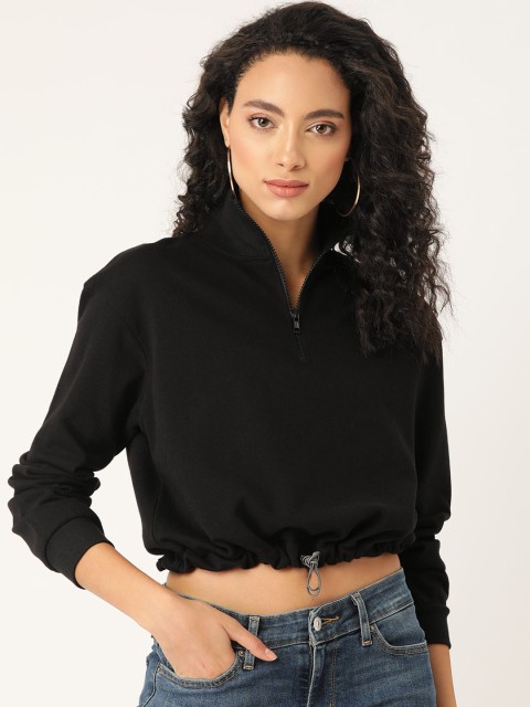 

20Dresses Women Black Solid Pure Cotton Cropped Sweatshirt