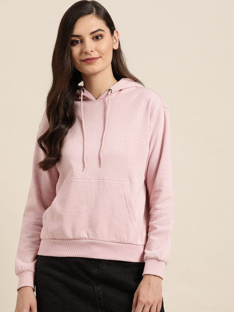 

20Dresses Women Pink Cotton Solid Hooded Sweatshirt