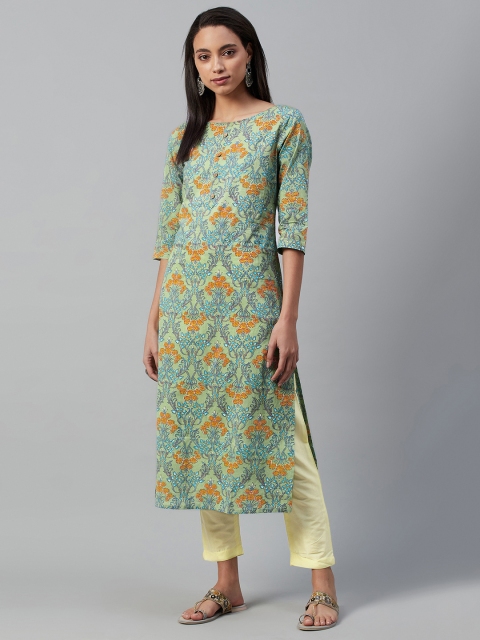 

Yuris Women Green & Mustard Yellow Cotton Printed Straight Kurta
