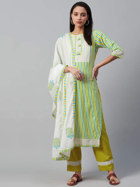 

Yuris Women Yellow & Blue Pure Cotton Striped Kurta with Trousers & Dupatta