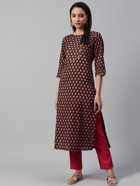

Yuris Women Black & Peach-Coloured Cotton Printed Straight Kurta