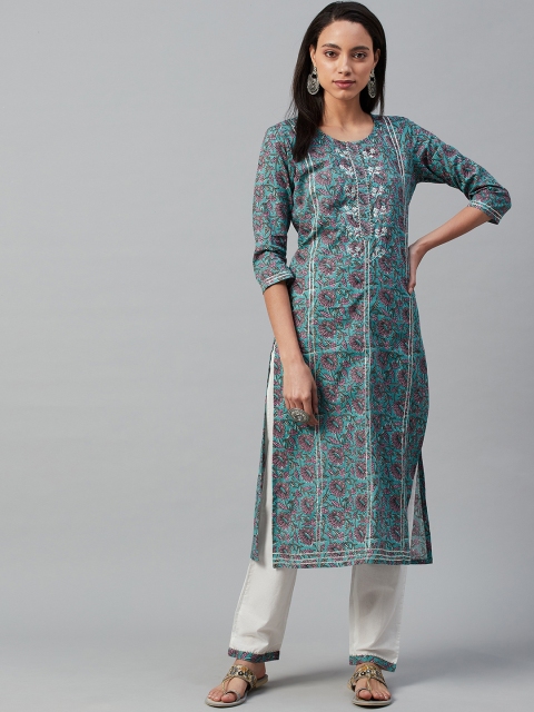 

Yuris Women Green & Pink Pure Cotton Printed Kurta with Trousers