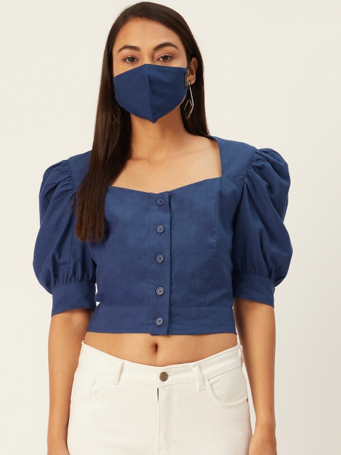 

DIVA WALK EXCLUSIVE Women Navy Blue Solid Cotton Crop Top with Matching Mask