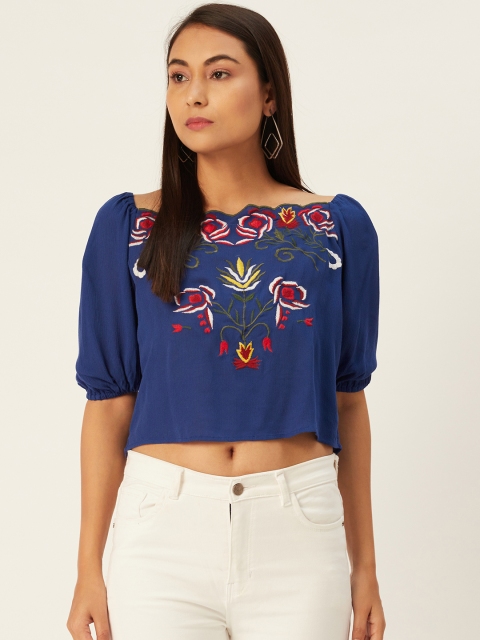 

DIVA WALK EXCLUSIVE Women Navy Blue Floral Embroidered Cotton Crop Top