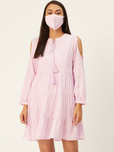 

DIVA WALK EXCLUSIVE Women Pink Solid A-Line Tiered Dress & Mask