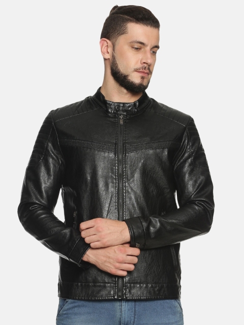 

SHOWOFF Men Black Solid Biker Leather Jacket