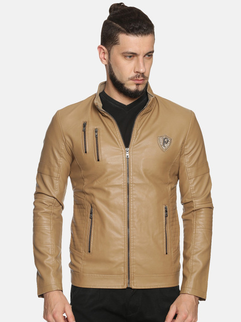 

SHOWOFF Men Khaki Solid Biker Jacket